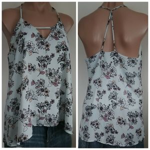 Blue Pair Floral Peekaboo Front Sexy Back Tank